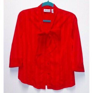 Vintage Secretary Blouse RED large Bow size PS Collar striped button up relaxed